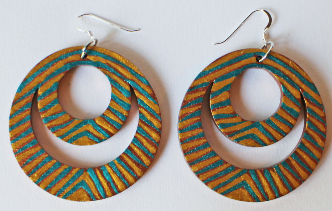 Gold and Teal Wooden Double Circle Earrings