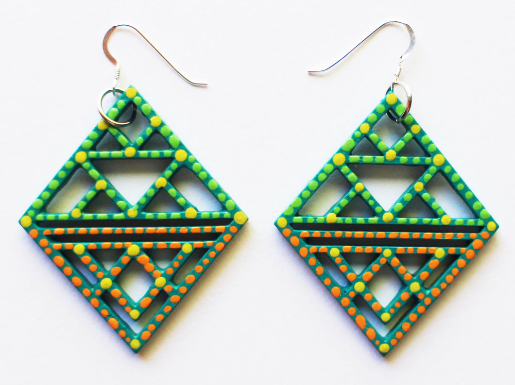 Green and Yellow Hand Painted Laser Cut Wood Diamond Shaped Earrings