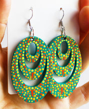 Load image into Gallery viewer, Green and Yellow Hand Painted Wooden Oval Earrings
