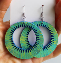 Load image into Gallery viewer, Green and Blue Hand Painted Wooden Hoop Earrings
