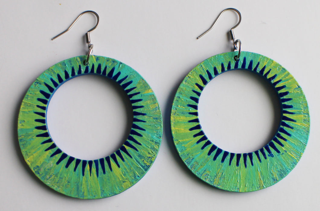 Green and Blue Hand Painted Wooden Hoop Earrings