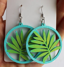 Load image into Gallery viewer, Light Blue and Green Hand Painted Wooden Leaf Earrings
