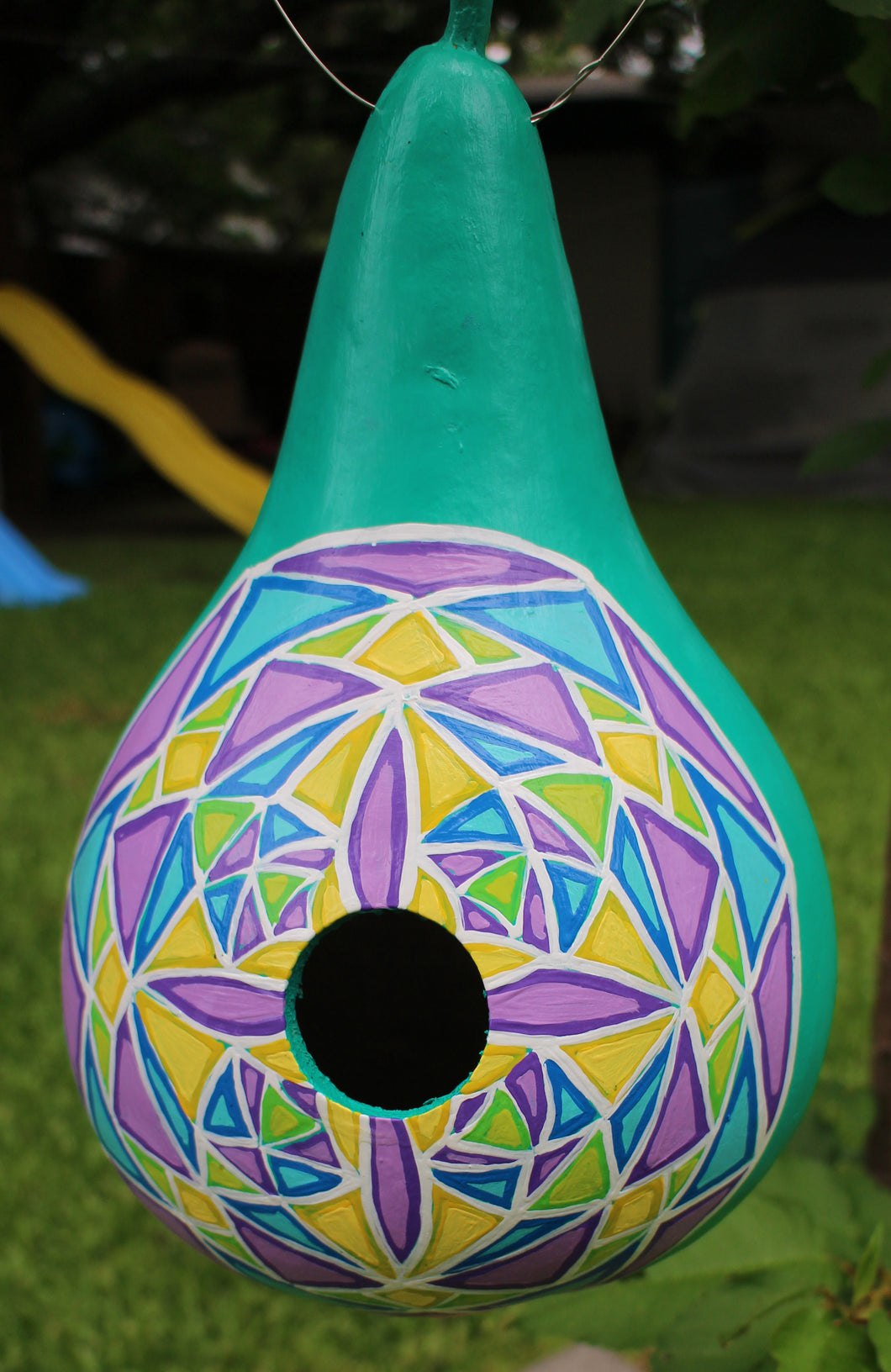 Green and Purple Hand Painted Gourd Bird House