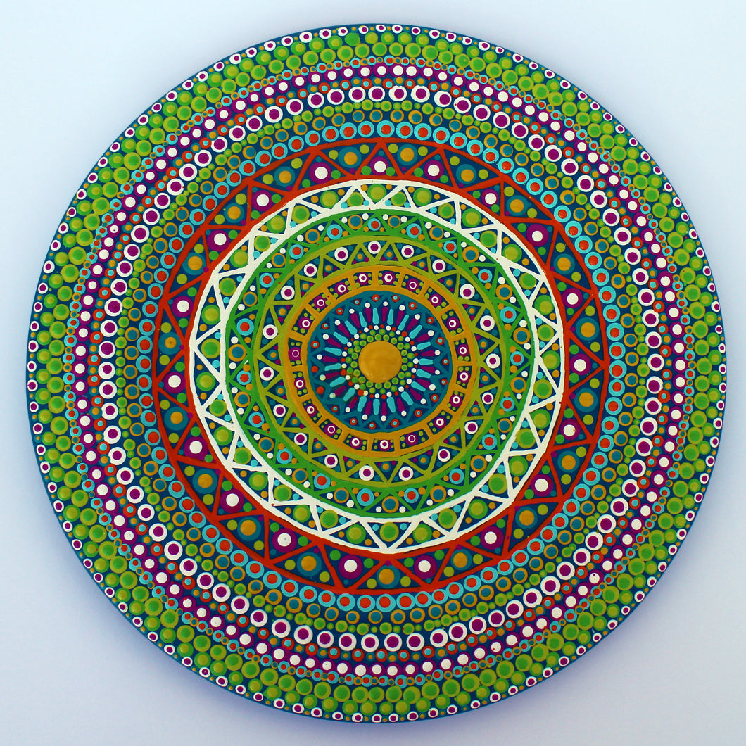 Hand Painted Green and Purple Dot Art Mandala Wooden Decorative Plate