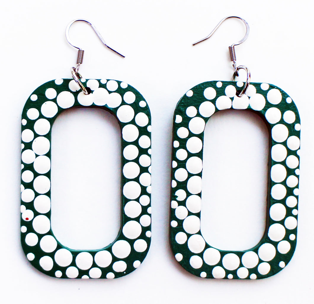 Green and White Hand Painted Rectangle Hoop Earrings