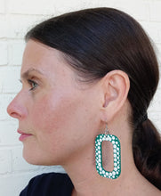 Load image into Gallery viewer, Green and White Hand Painted Rectangle Hoop Earrings
