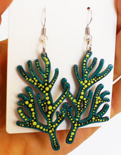 Load image into Gallery viewer, Green and Yellow Hand Painted Wooden Sea Coral Earrings
