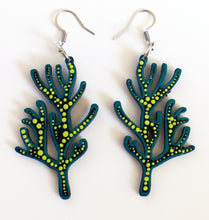 Load image into Gallery viewer, Green and Yellow Hand Painted Wooden Sea Coral Earrings
