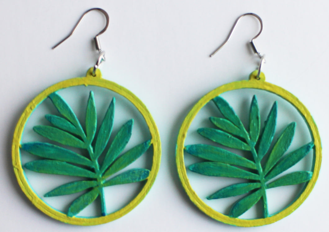Green and Yellow Hand Painted Wooden Leaf Earrings