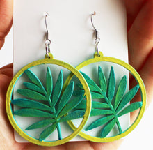 Load image into Gallery viewer, Green and Yellow Hand Painted Wooden Leaf Earrings
