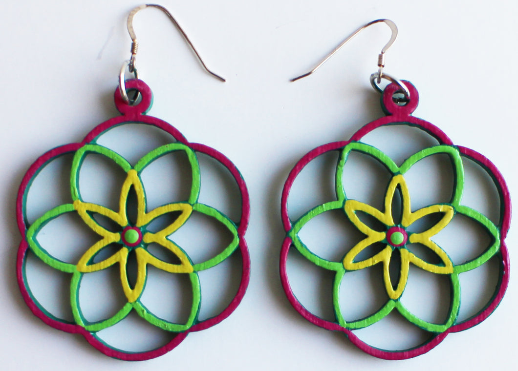Green and Yellow Hand Painted Wooden Seed of Life Earrings