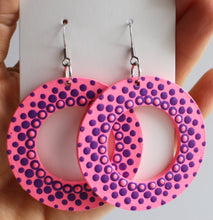 Load image into Gallery viewer, Hot Pink and Purple Wooden Circle Hoop Earrings
