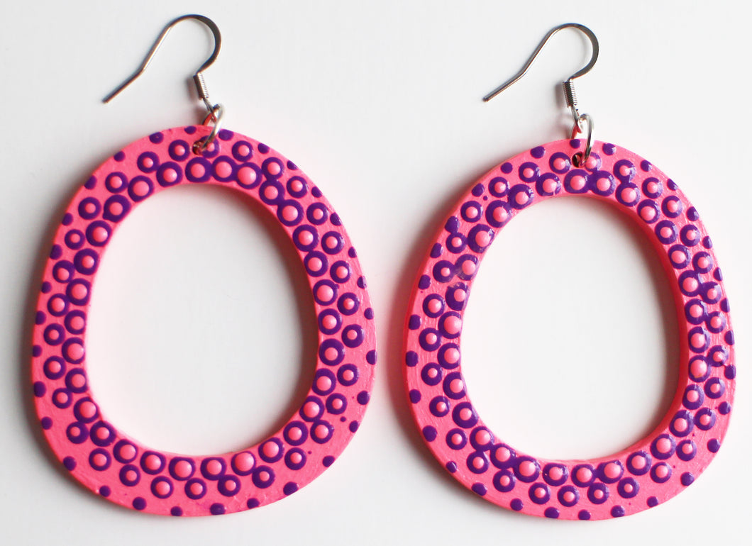 Hot Pink and Purple Hand Painted Wooden Oval Hoop Earrings