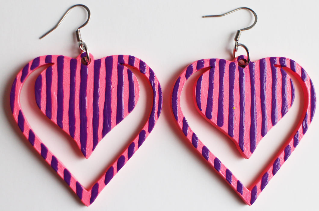 Hot Pink and Purple Hand Painted Wooden Striped Heart Earrings