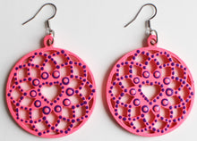 Load image into Gallery viewer, Hot Pink and Purple Hand Painted Wooden Heart Dreamcatcher Earrings
