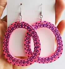 Load image into Gallery viewer, Hot Pink and Purple Hand Painted Wooden Oval Hoop Earrings
