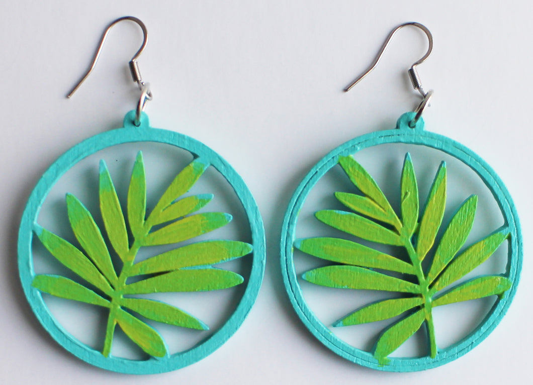 Light Blue and Green Hand Painted Wooden Leaf Earrings