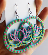 Load image into Gallery viewer, Light Blue and Pink Hand Painted Wooden Lotus Flower Earrings
