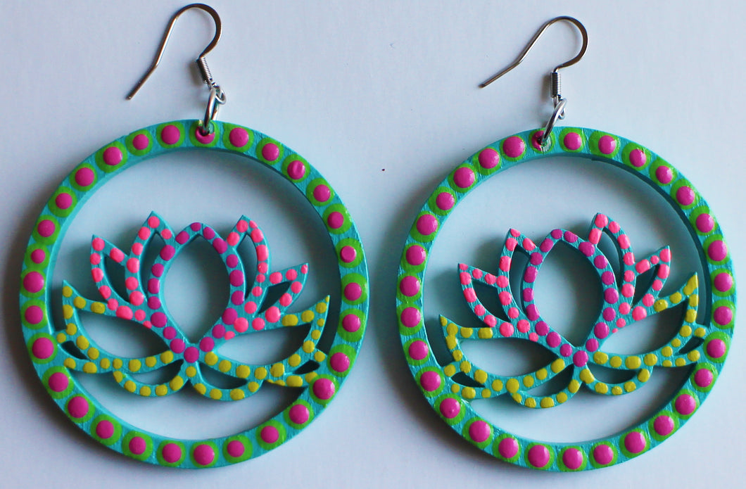 Light Blue and Pink Hand Painted Wooden Lotus Flower Earrings