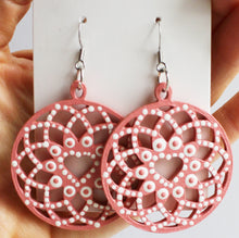 Load image into Gallery viewer, Light Pink and White Hand Painted Wooden Heart Dreamcatcher Earrings
