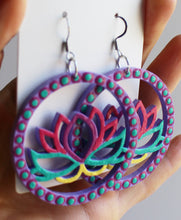 Load image into Gallery viewer, Light Purple and Green Hand Painted Wooden Lotus Flower Earrings
