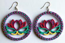 Load image into Gallery viewer, Light Purple and Green Hand Painted Wooden Lotus Flower Earrings
