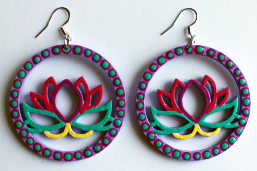 Light Purple and Green Hand Painted Wooden Lotus Flower Earrings