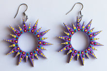 Load image into Gallery viewer, Light Purple and Yellow Hand Painted Wooden Sunburst Earrings
