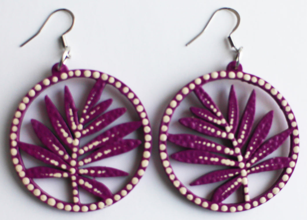 Magenta and White Hand Painted Leaf Earrings
