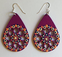 Load image into Gallery viewer, Magenta and Blue Hand Painted Laser Cut Wood Sunflower Teardrop Earrings
