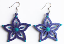 Load image into Gallery viewer, Metallic Amethyst and Teal Hand Painted Wooden Flower Earrings
