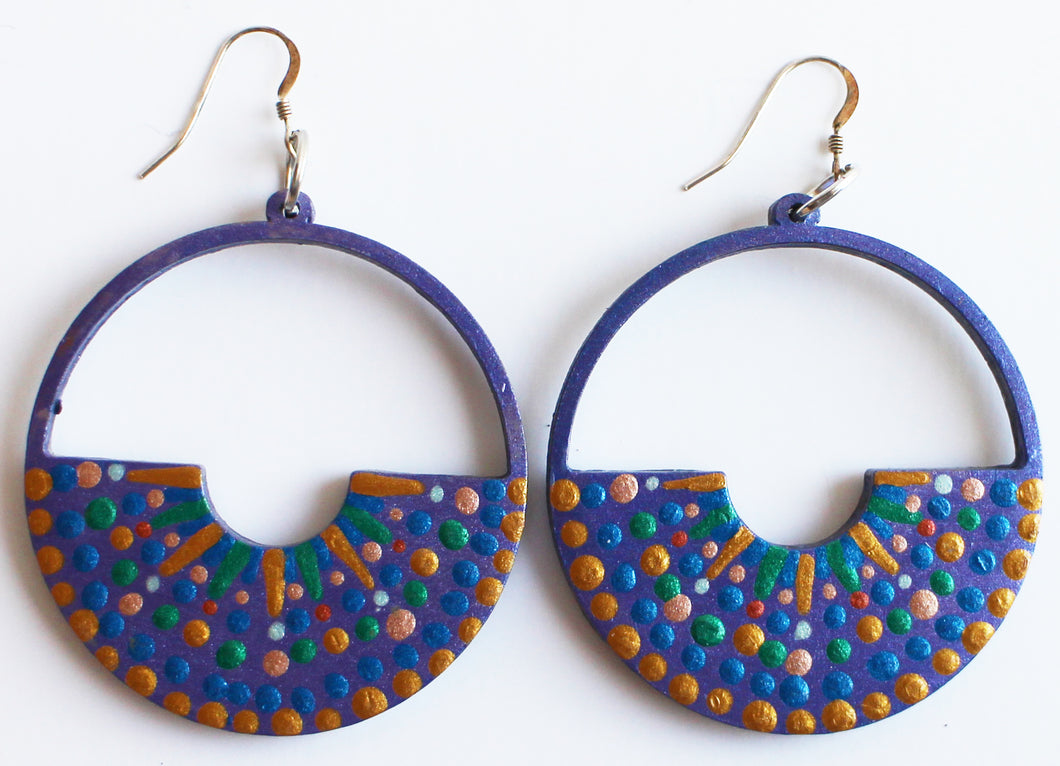 Metallic Purple and Gold Hand Painted Half Circle Earrings