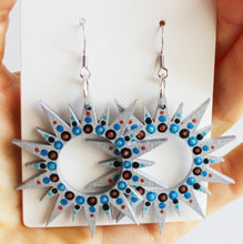 Load image into Gallery viewer, Metallic Silver and Blue Hand Painted Wooden Sunburst Earrings
