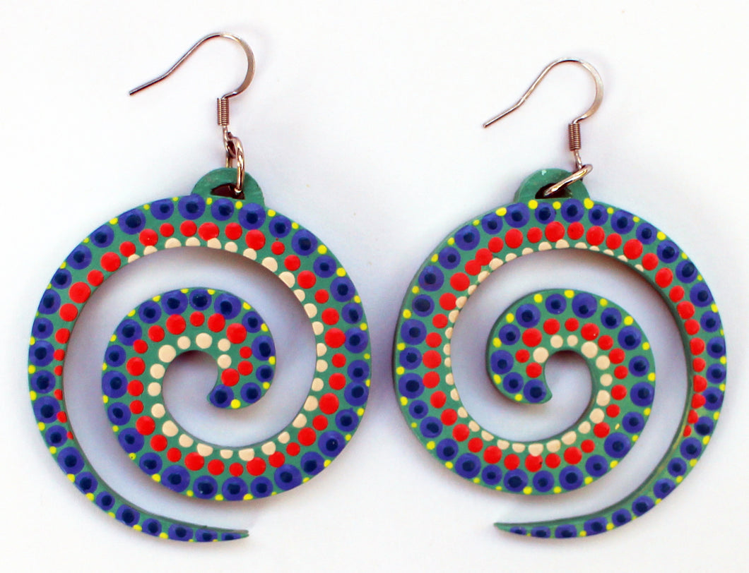 Red and Blue Hand Painted Spiral Earrings