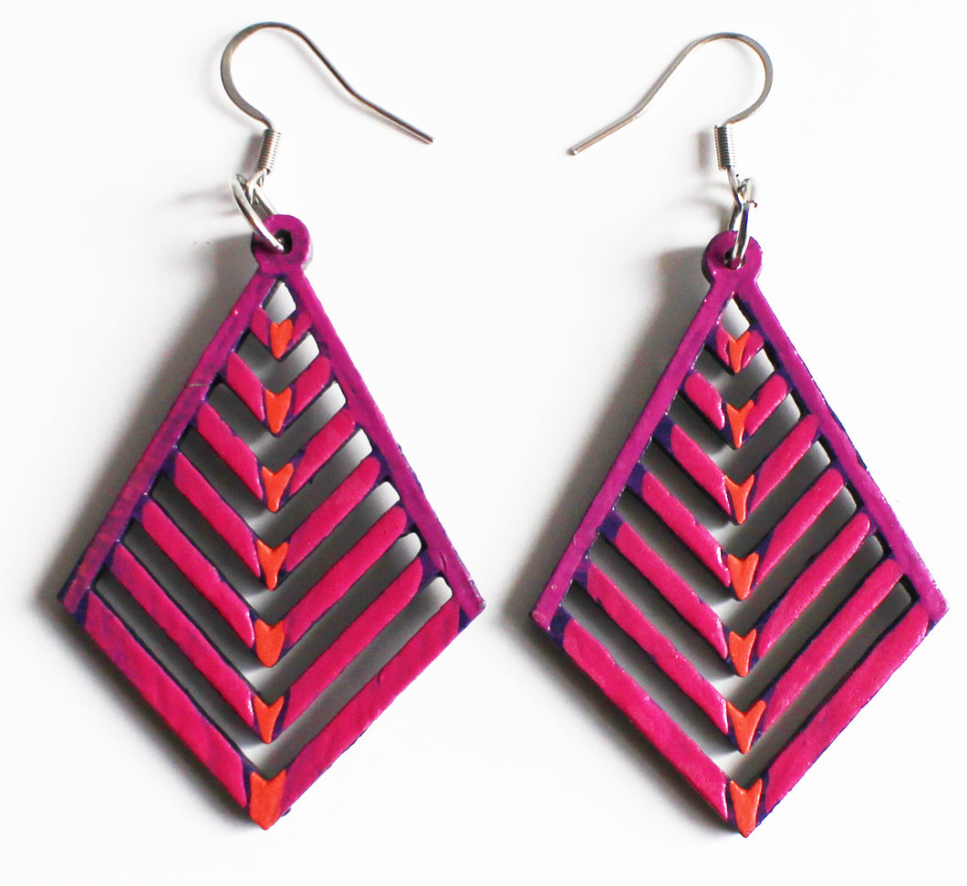 Pink and Orange Hand Painted Wooden Striped Diamond Shaped Earrings