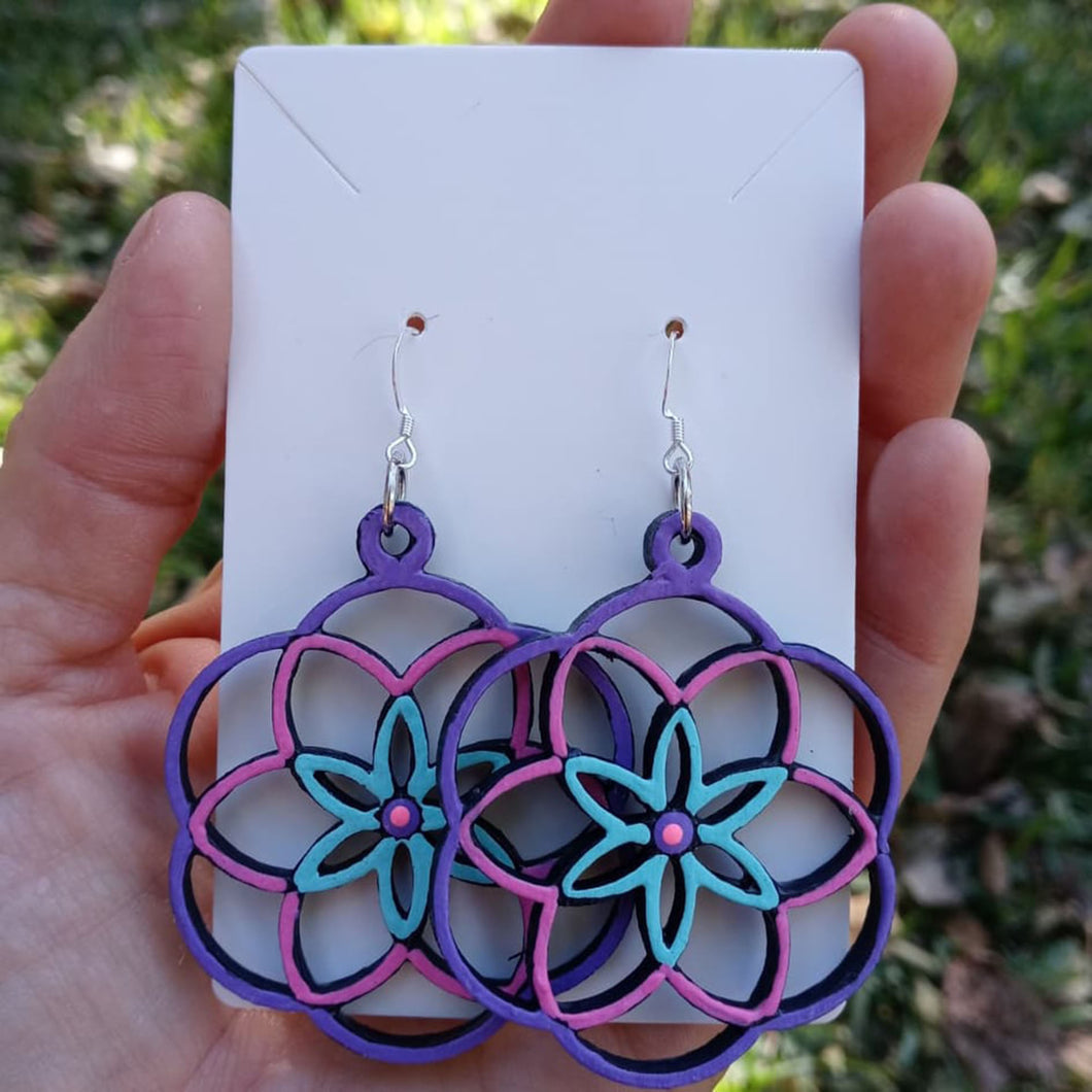 Pink and Purple Hand Painted Laser Cut Wood Seed of Life Earrings