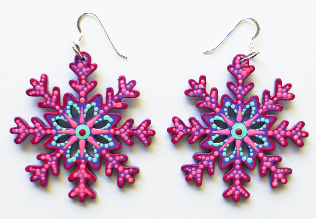 Pink and Light Blue Hand Painted Laser Cut Wood Snowflake Earrings