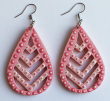Load image into Gallery viewer, Pink and Beige Hand Painted Wooden Striped Teardrop Earrings
