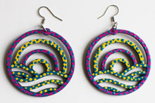 Load image into Gallery viewer, Pink and Yellow Hand Painted Wooden Geometric Scene in Circle Earrings
