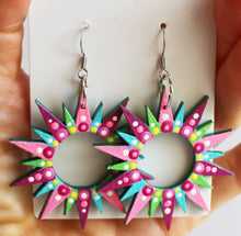 Load image into Gallery viewer, Pink and Blue Hand Painted Wooden Sunburst Earrings

