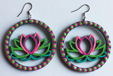 Load image into Gallery viewer, Pink and Green Hand Painted Wooden Lotus Flower Earrings
