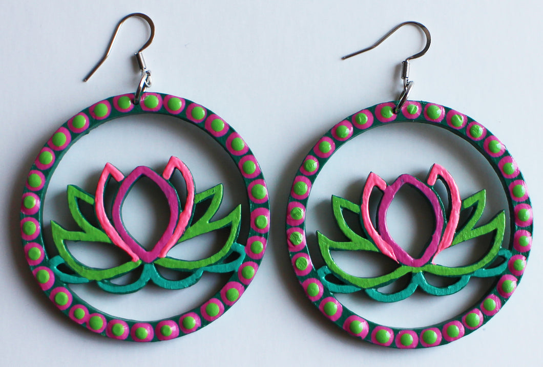 Pink and Green Hand Painted Wooden Lotus Flower Earrings