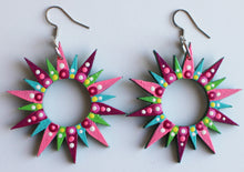Load image into Gallery viewer, Pink and Blue Hand Painted Wooden Sunburst Earrings
