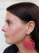 Load image into Gallery viewer, Pink and Orange Hand Painted Wooden Pattern in Circle Earrings

