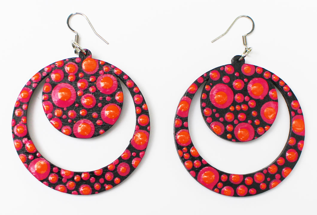 Pink and Orange Hand Painted Wooden Dot Hoops