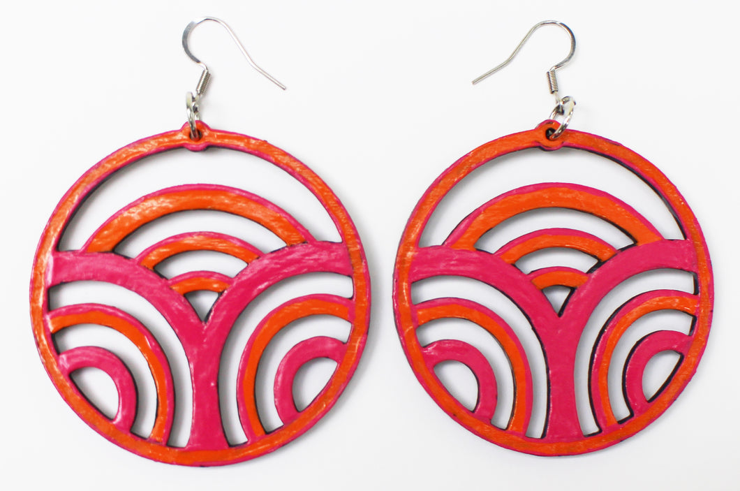 Pink and Orange Hand Painted Wooden Pattern in Circle Earrings