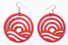 Load image into Gallery viewer, Pink and Orange Hand Painted Wooden Wavy Sun in Circle Earrings
