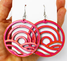 Load image into Gallery viewer, Pink and Orange Hand Painted Wooden Wavy Sun in Circle Earrings
