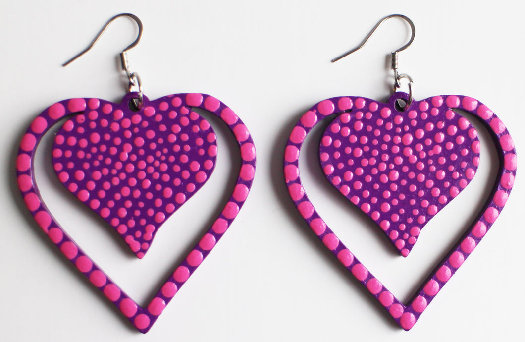 Pink and Purple Hand Painted Wooden Heart Earrings