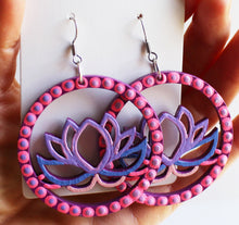Load image into Gallery viewer, Pink and Purple Hand Painted Wooden Lotus Flower Earrings
